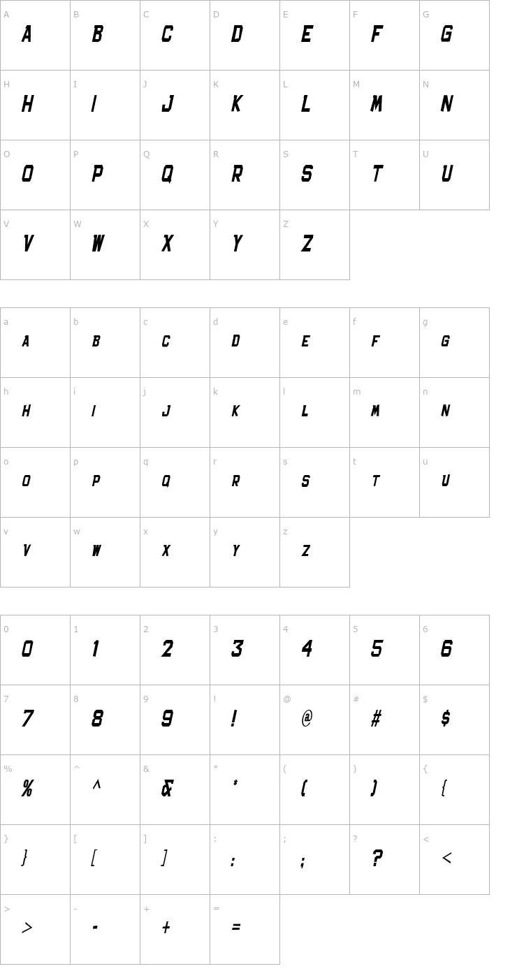 Character Map Bachelor Pad Condensed JL Italic Font