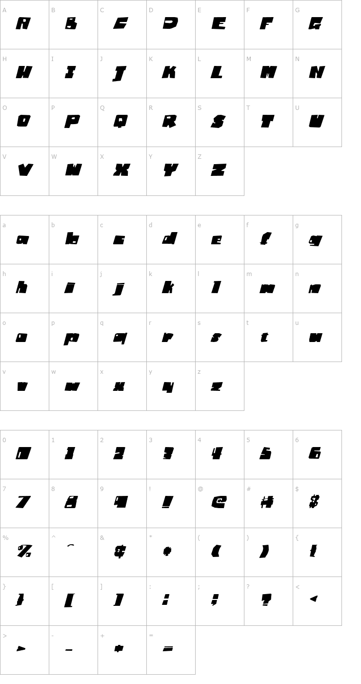 Character Map Badger Fatboy Italic Font