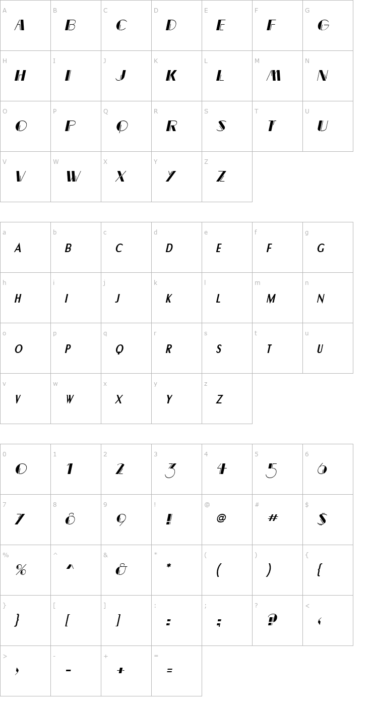 Character Map Banco Italic Font