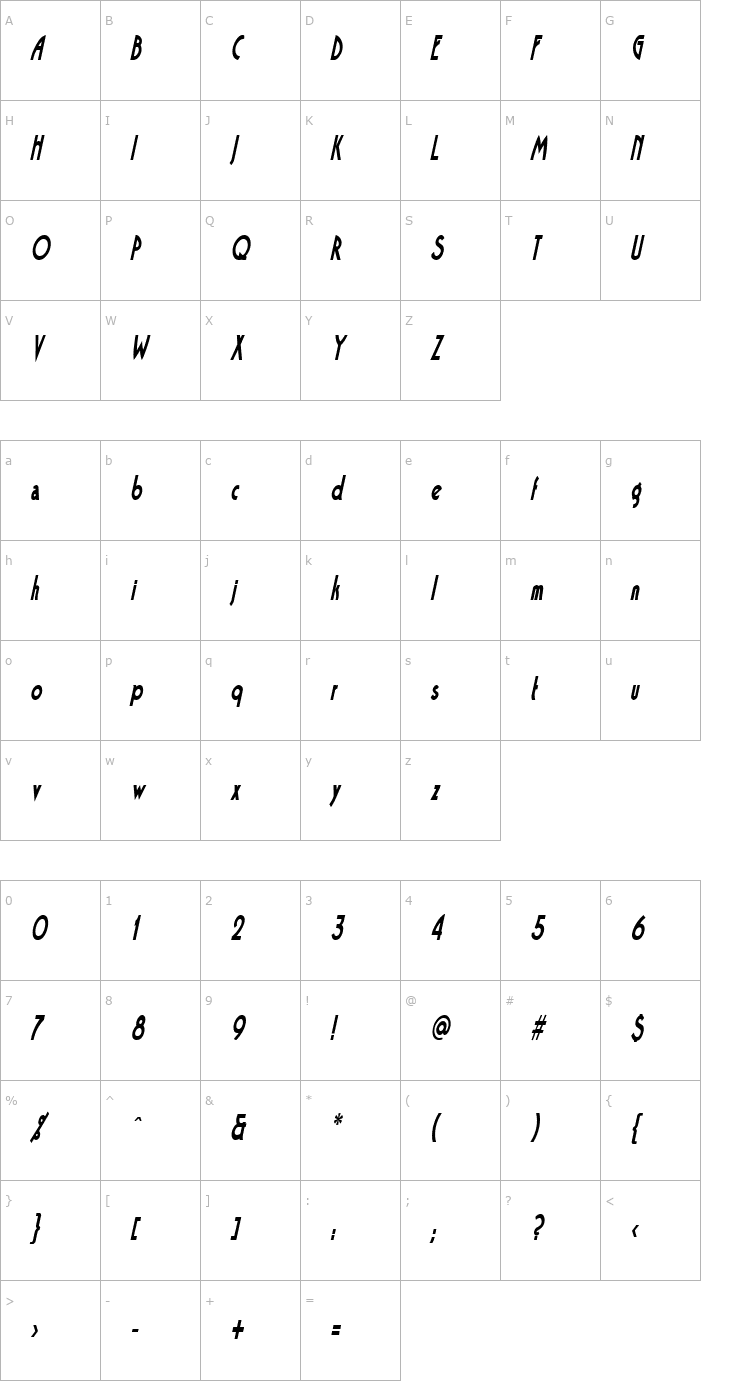Character Map BandstandCondensed Oblique Font