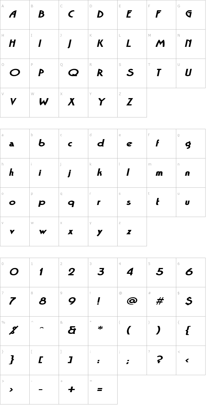 Character Map BandstandExtended Oblique Font