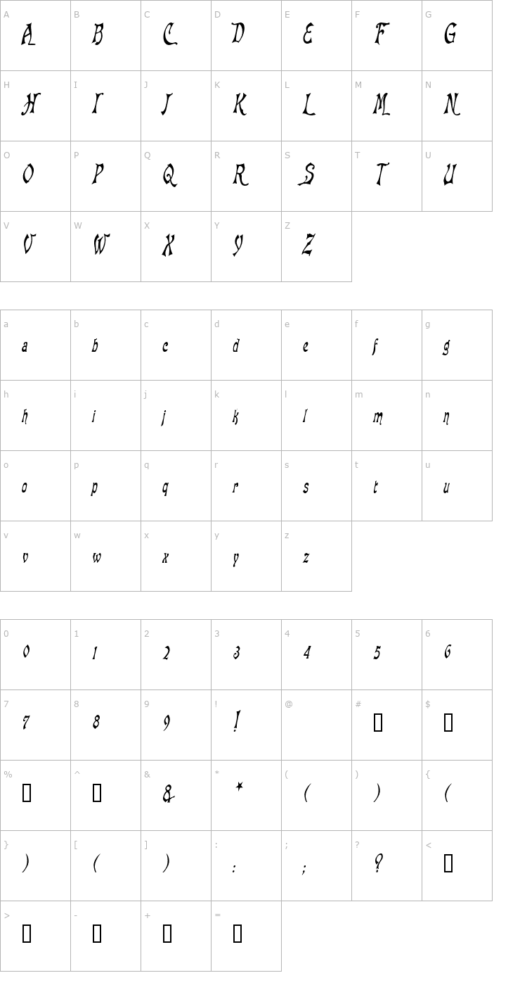 Character Map BaphometCondensed Italic Font