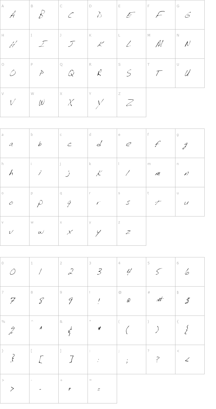 Character Map BarrysHand Italic Font