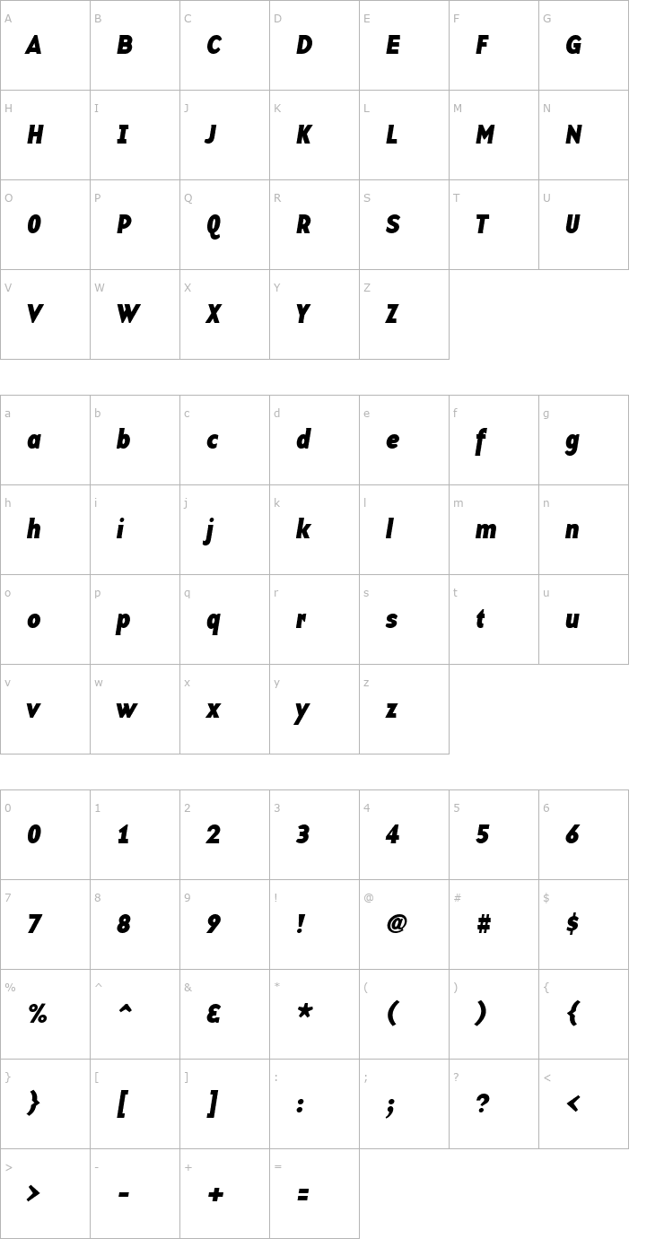 Character Map BaseTwelveSans Bold Italic Font