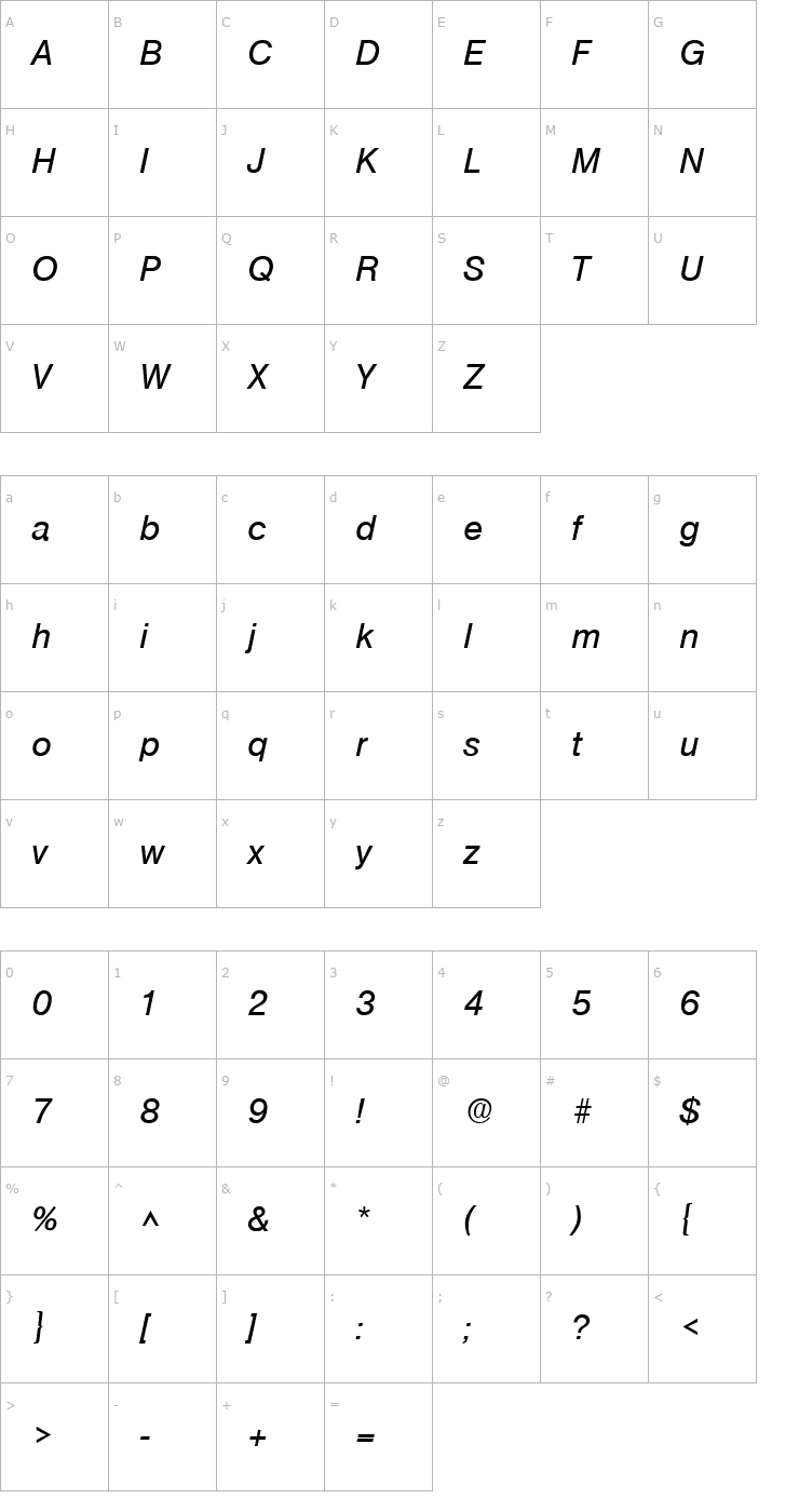Character Map Basic Sans SF Italic Font