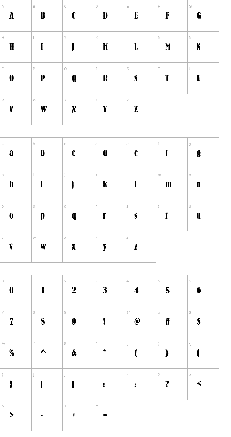 Character Map Batholomy_Becker_Cond Font