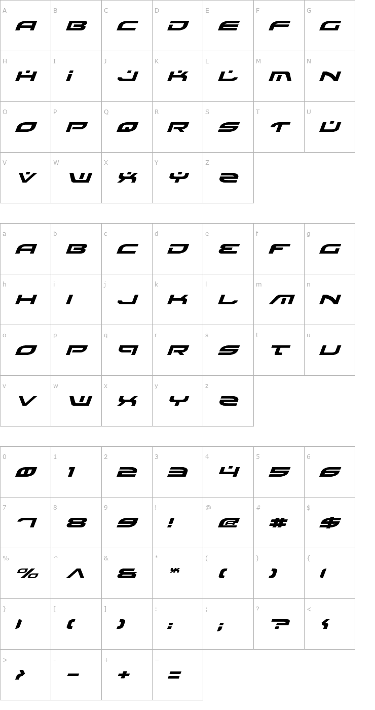 Character Map Battlefield Expanded Italic Font