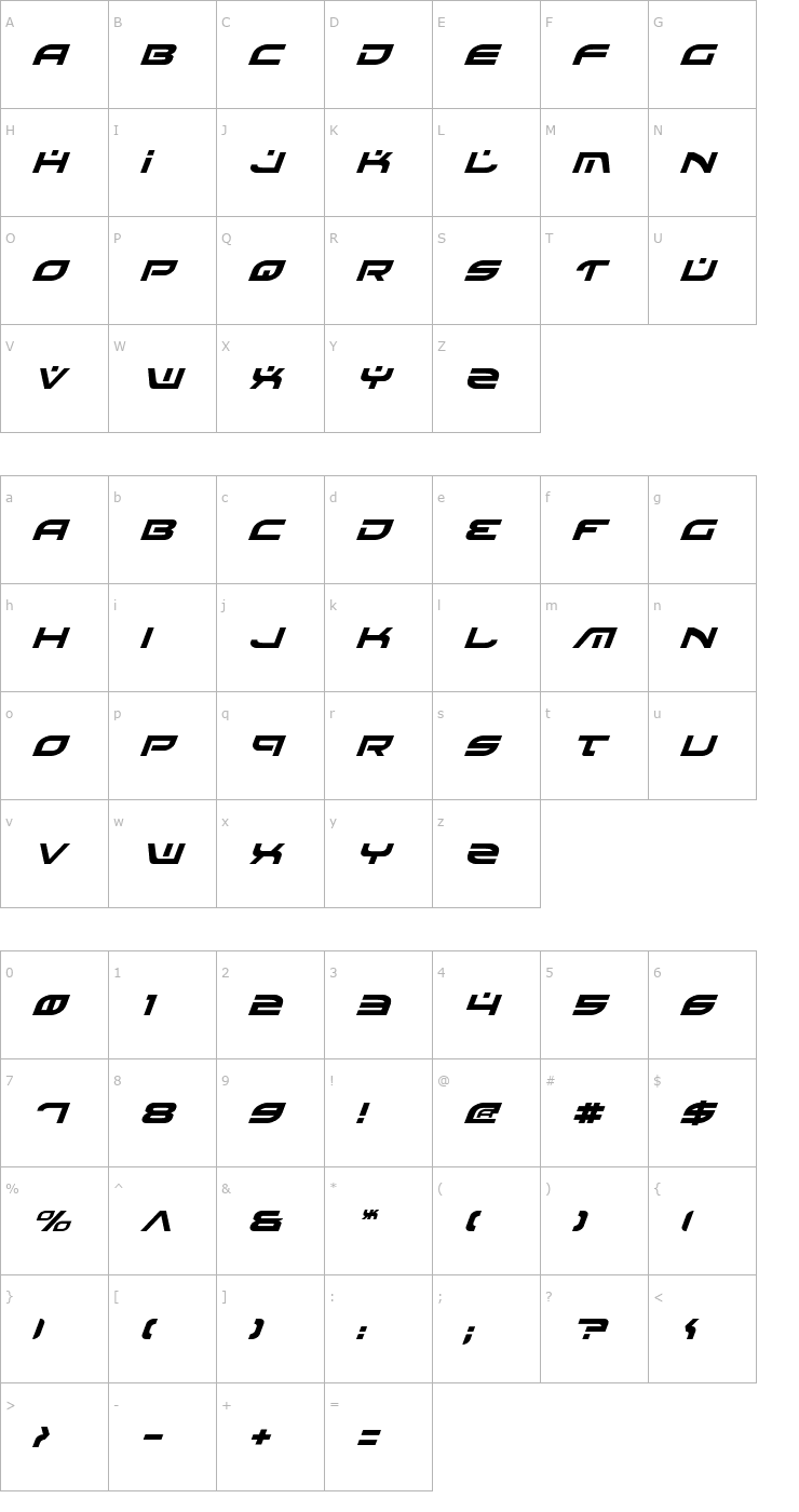 Character Map Battlefield Italic Font