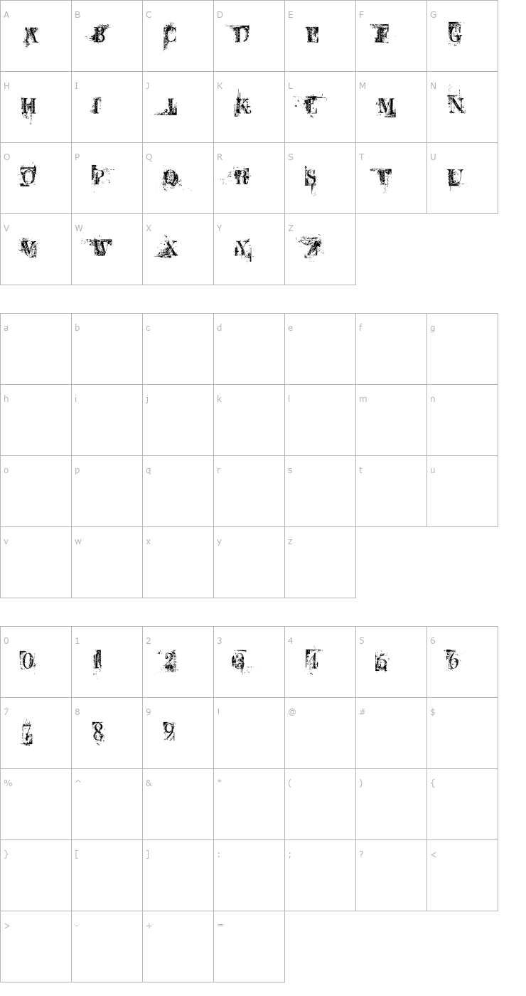 Character Map BB Petie Boy Destroyed Font