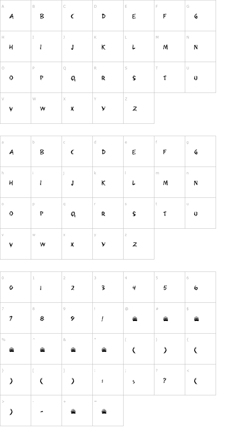 Character Map Bearpaw Font
