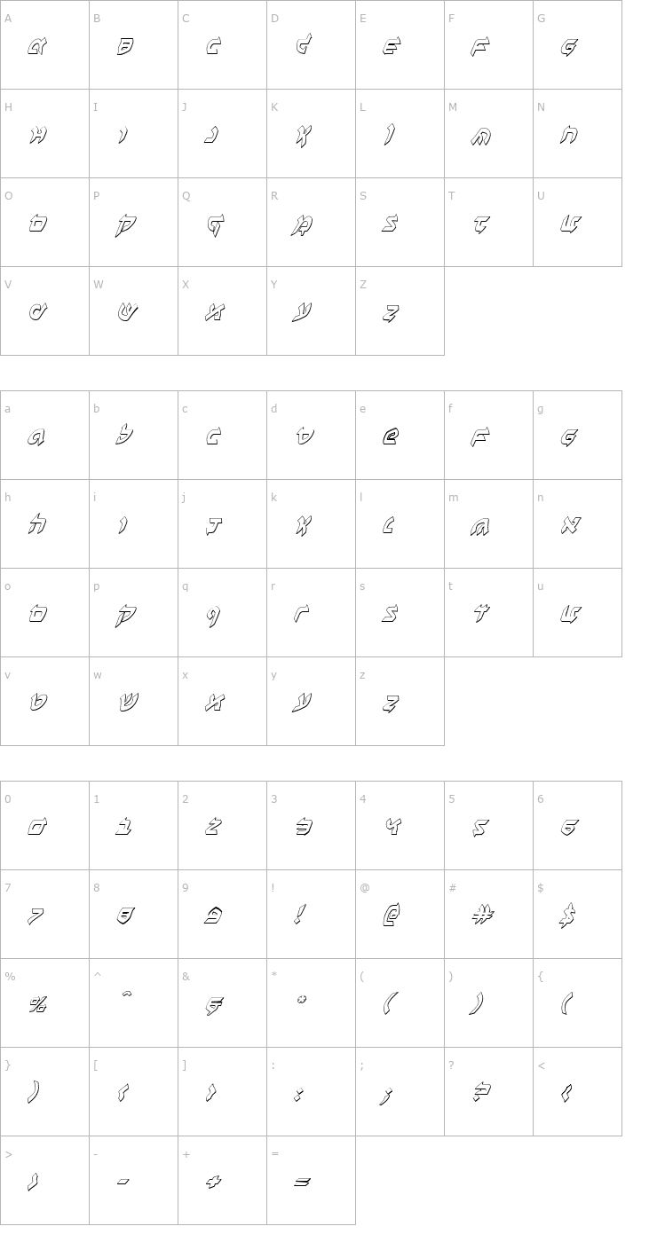 Character Map Ben-Zion 3D Italic Font