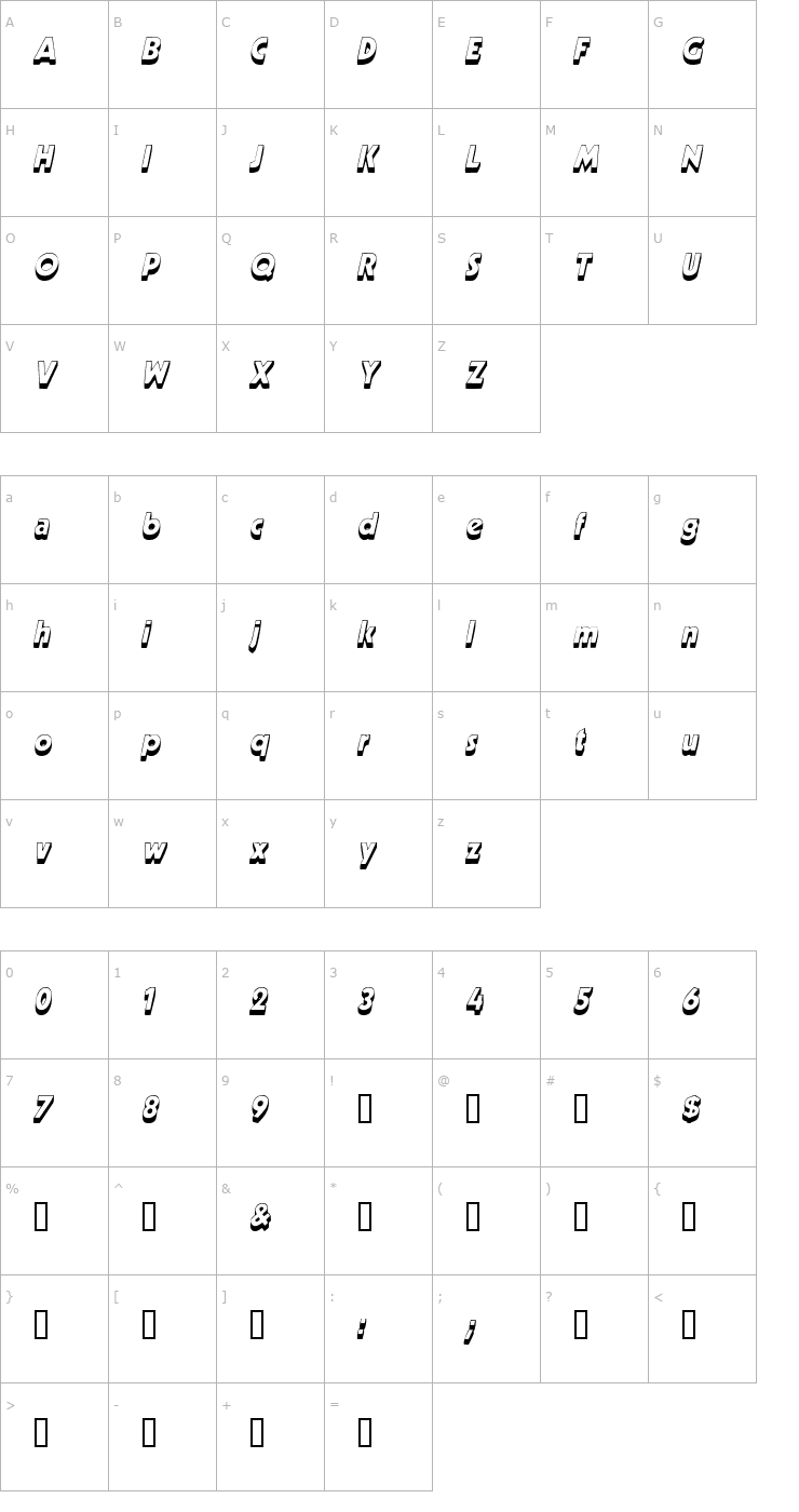 Character Map BeurketShadowSSK Italic Font