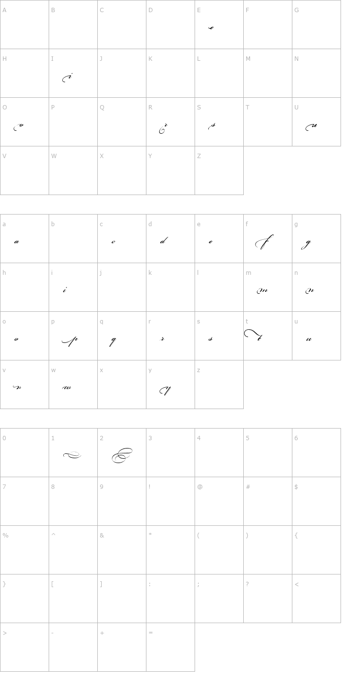 Character Map Bickham Script Beginnings Font