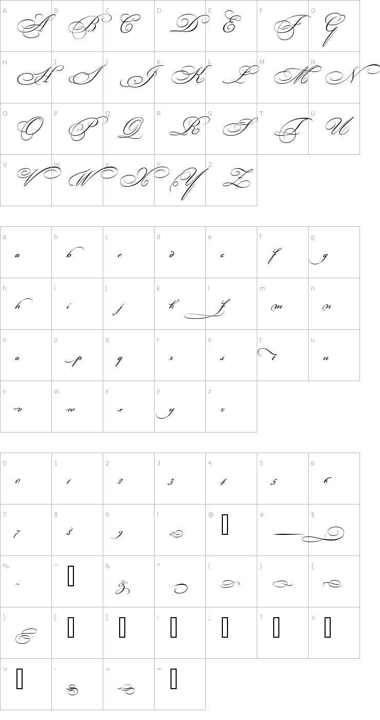 Character Map BickhamScriptFancy2 Font