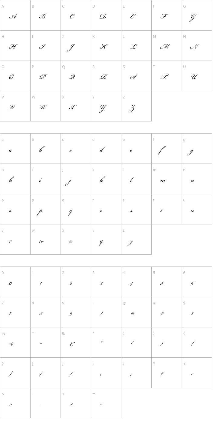 Character Map BickhamScriptStd-Regular Font
