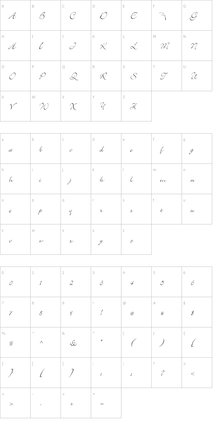 Character Map Bickley Script (F backwards) Font