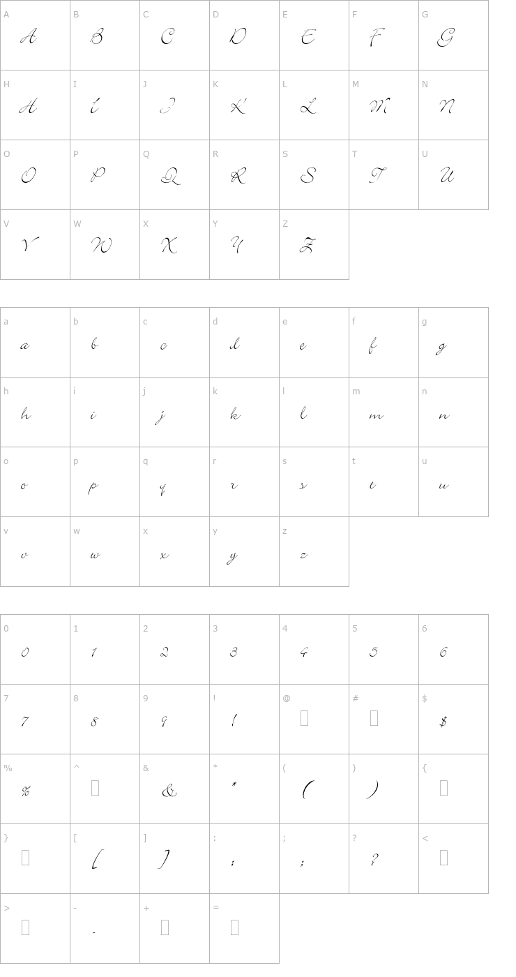 Character Map BickleyScriptPlain Font