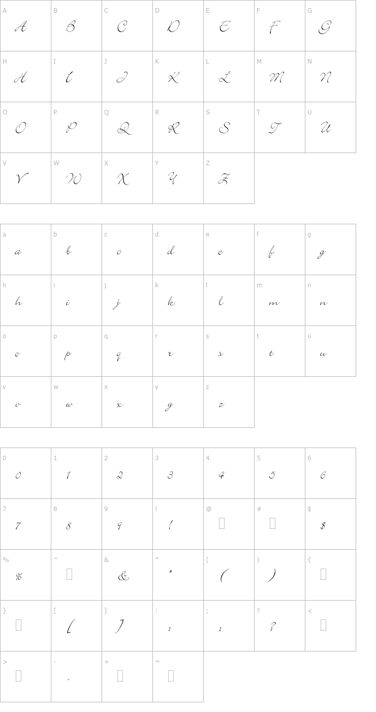 Character Map BickleyScriptPlain OTF Font