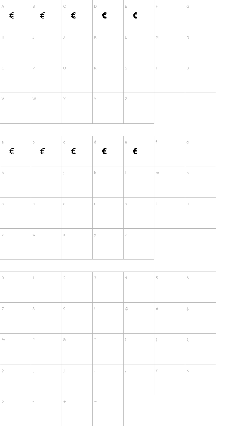 Character Map BienvenueEuro Regular Font