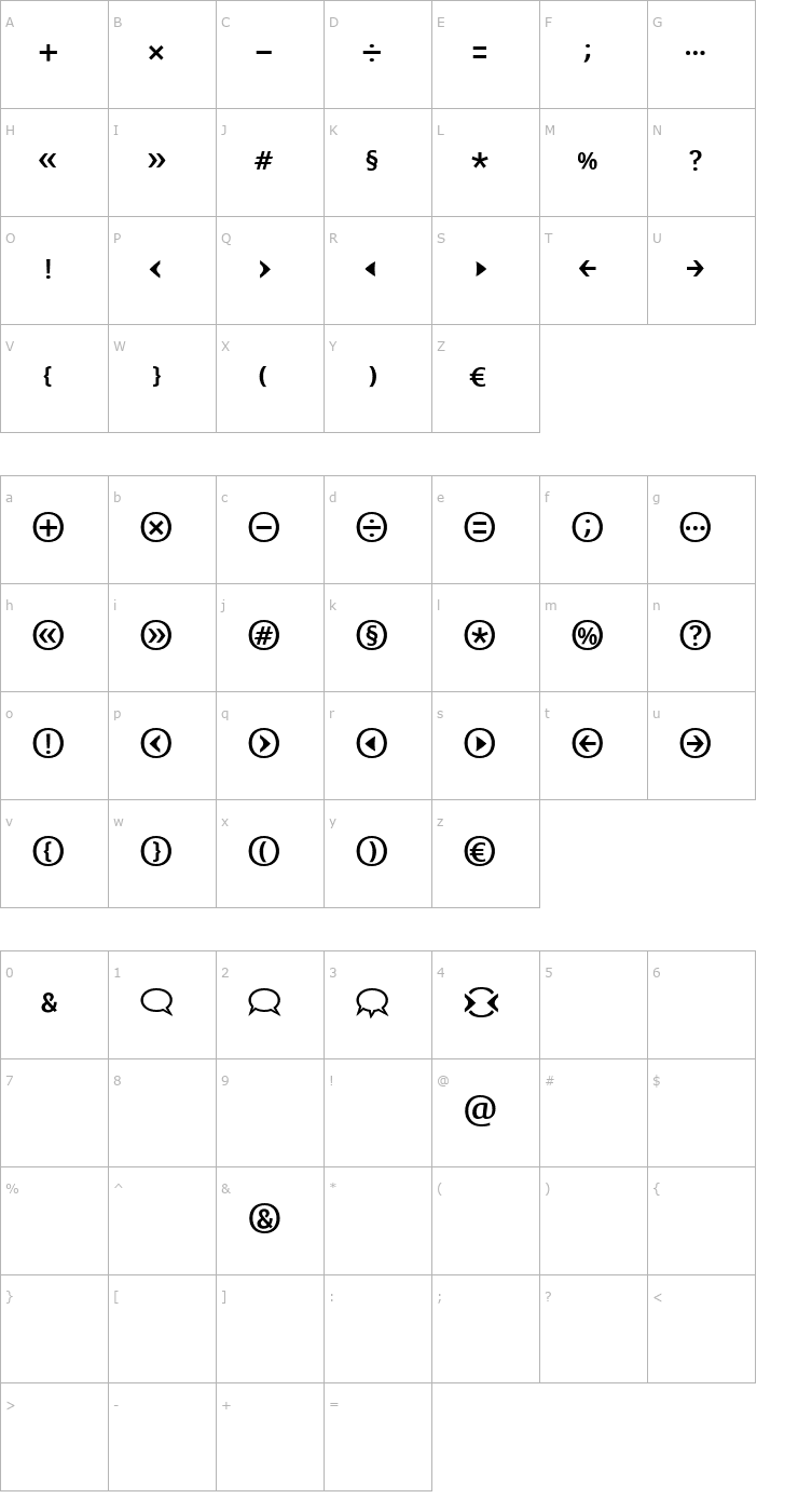 Character Map BienvenuePicto Regular Font