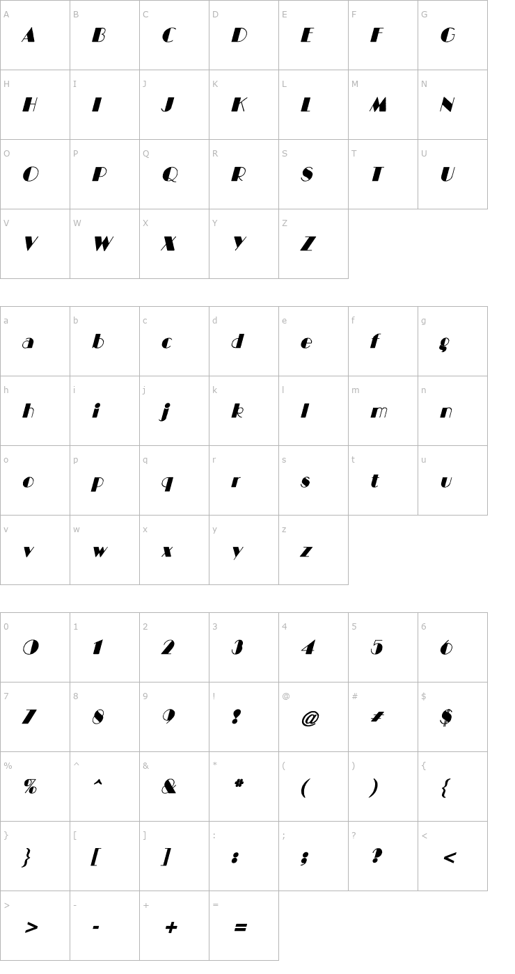 Character Map BIGCITY-Normal Italic Font