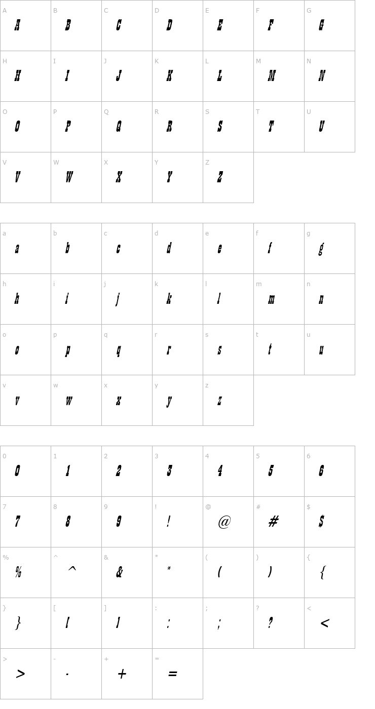 Character Map Billboard 11 Condensed Italic Font