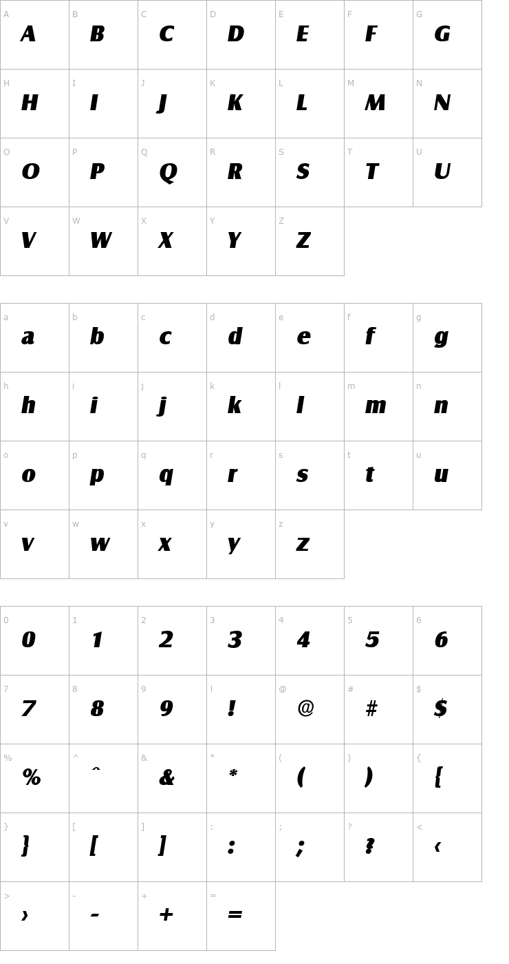 Character Map BillyBecker-Heavy Italic Font