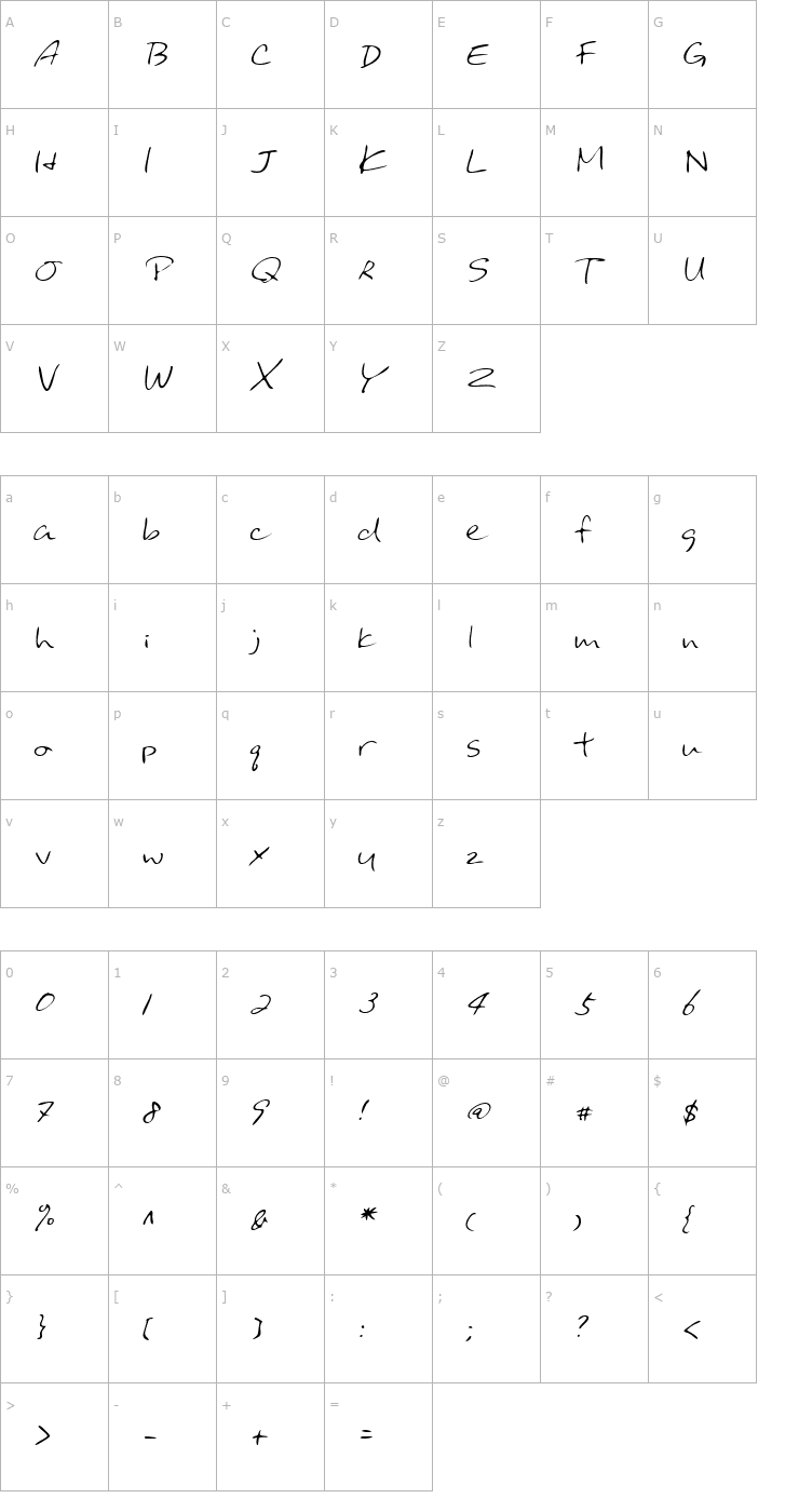 Character Map BinghamsHand Italic Font