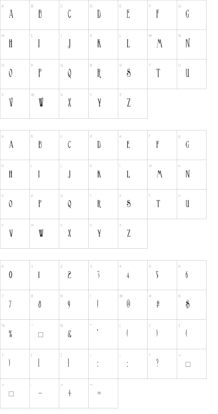 Character Map BirminghamElongated Font