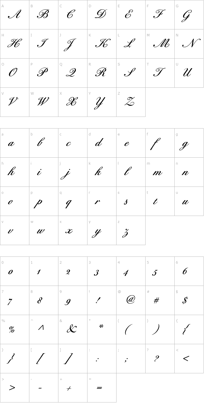 Character Map BixAntiqueScriptHmkBold Font