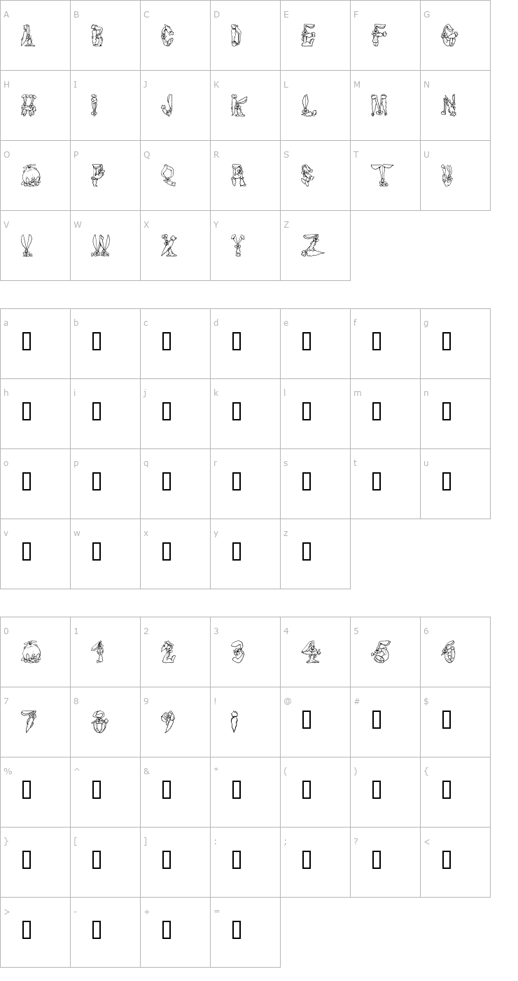 Character Map Bizzy Bunny Font