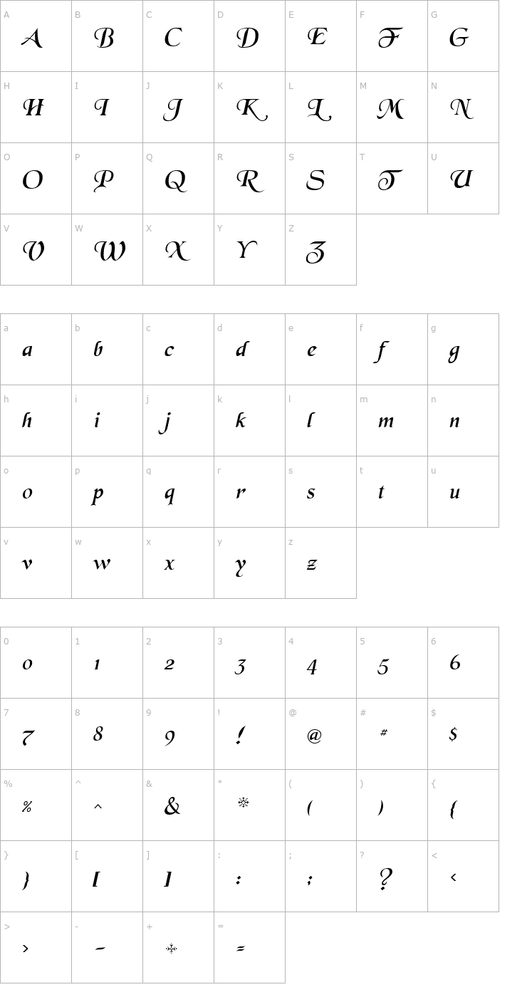 Character Map BlackChanceryItalic Chancery Italic001.000 Font