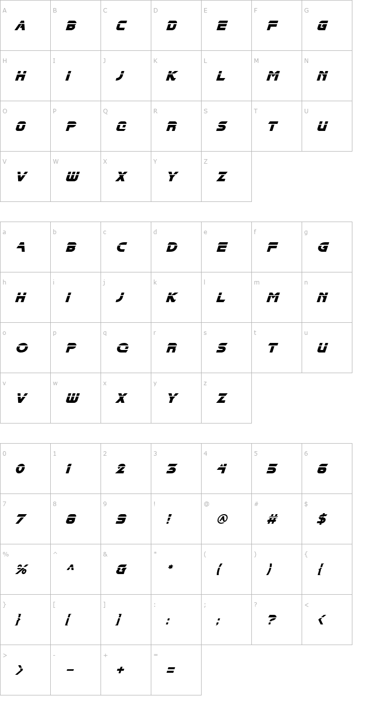 Character Map BladeCutThruOblique Font