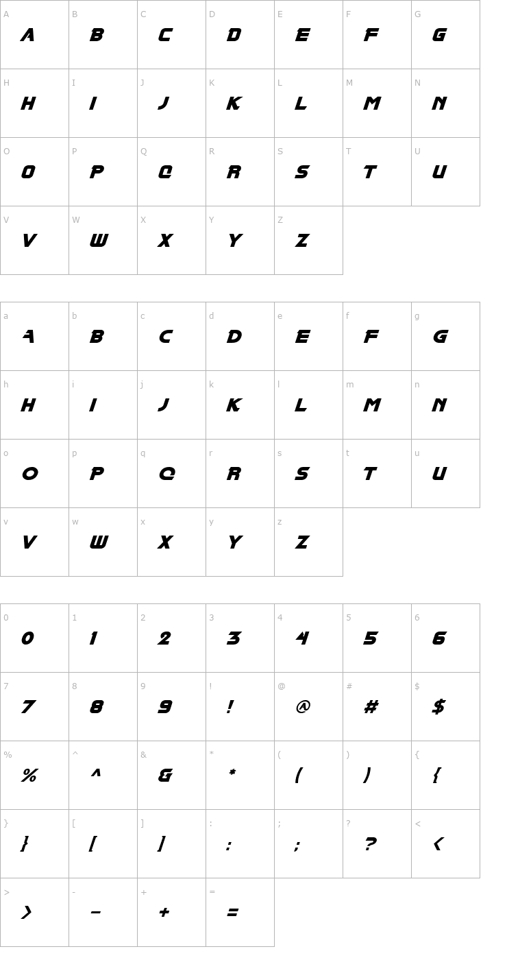 Character Map BladeOblique Font