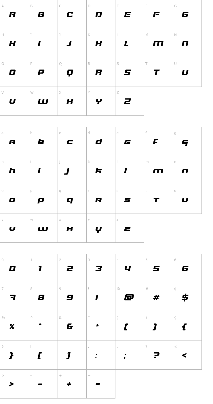 Character Map Blaster Infinite Italic Font