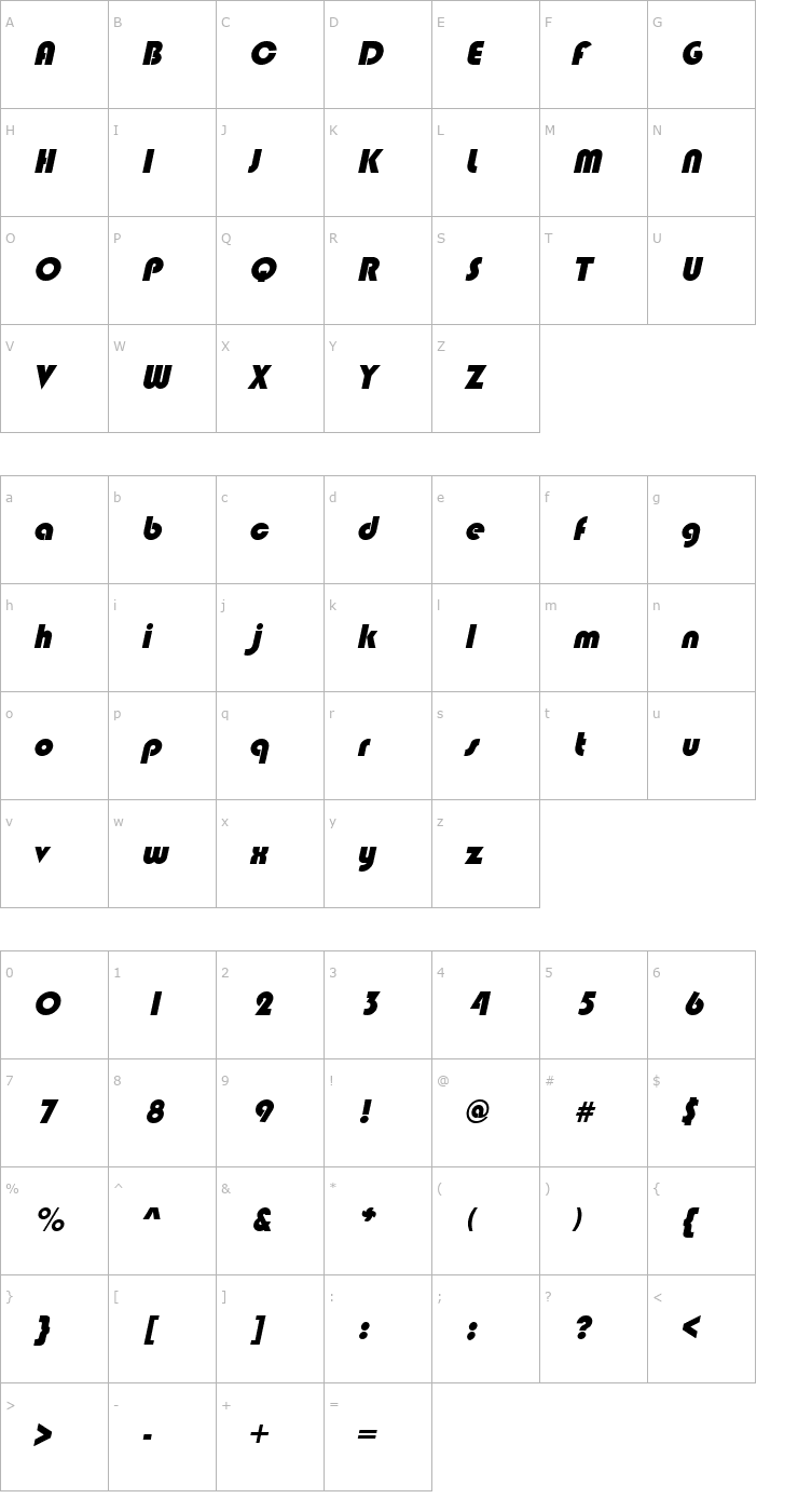 Character Map Blimpo Italic Font