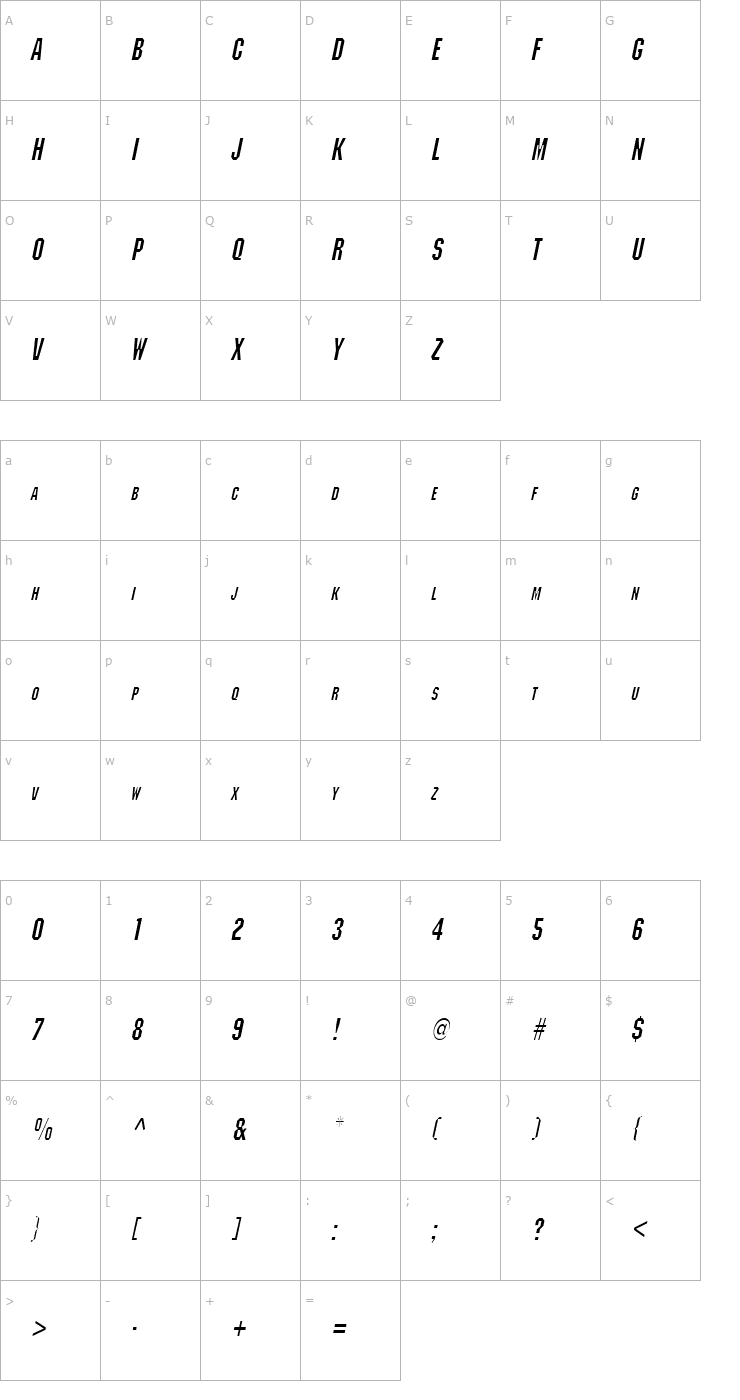 Character Map Block Condensed Italic Font