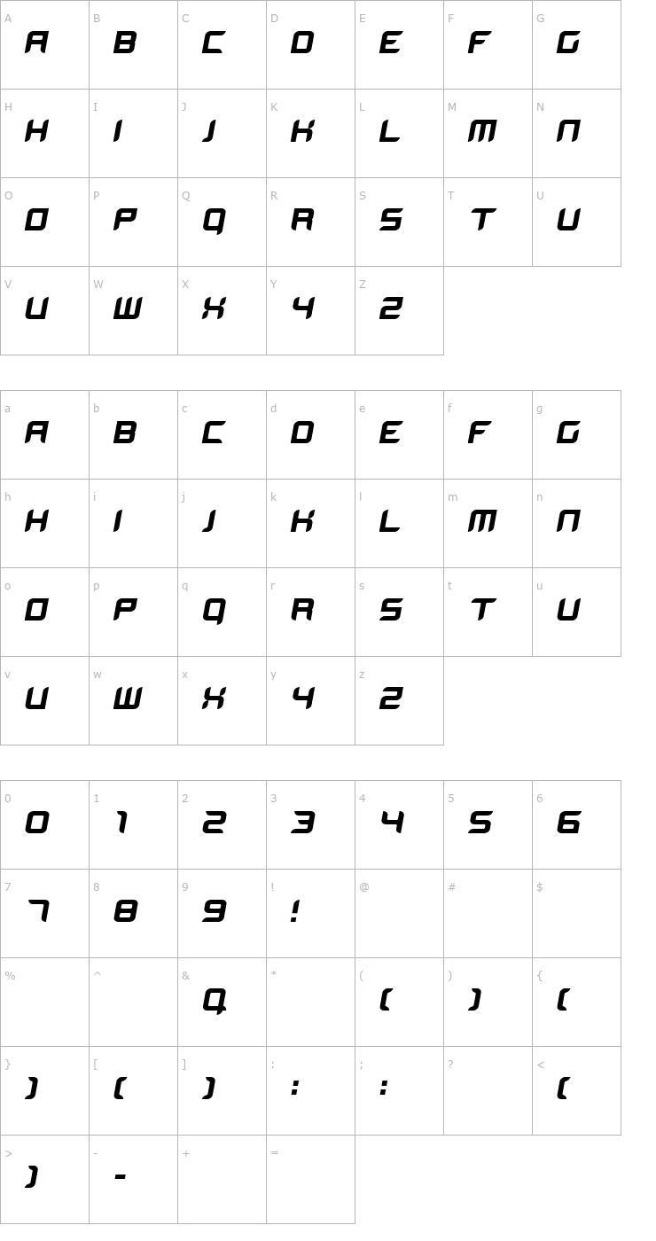 Character Map BloodWaxItalic Font