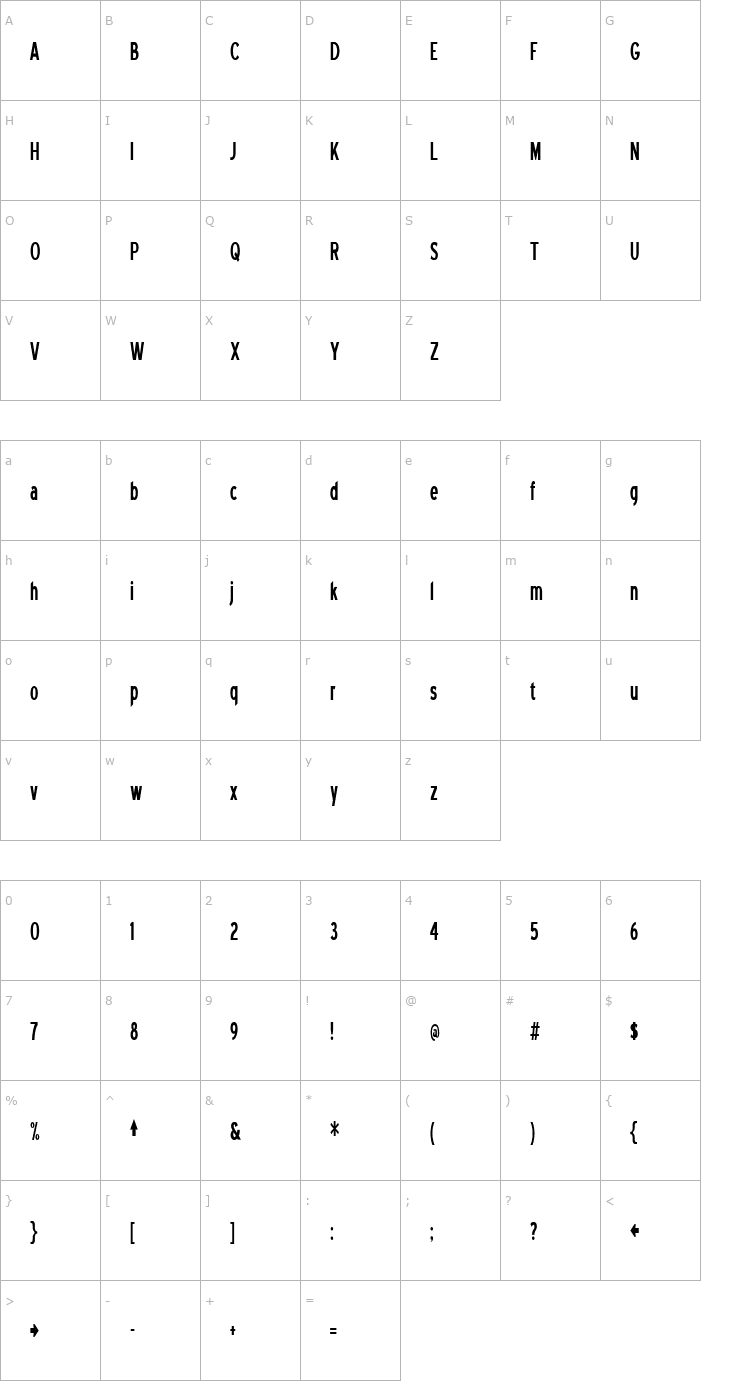 Character Map Blue Highway Condensed Font