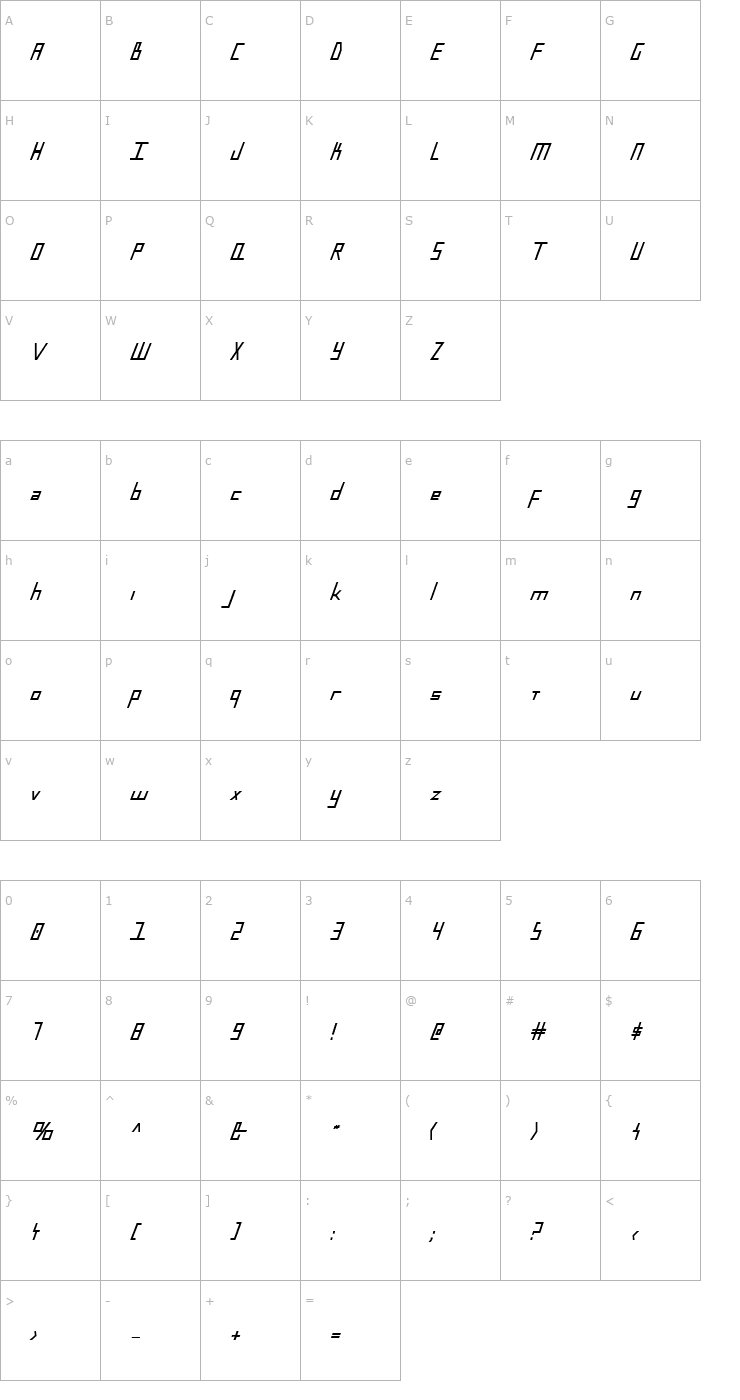 Character Map Blue July Bold Condensed Font