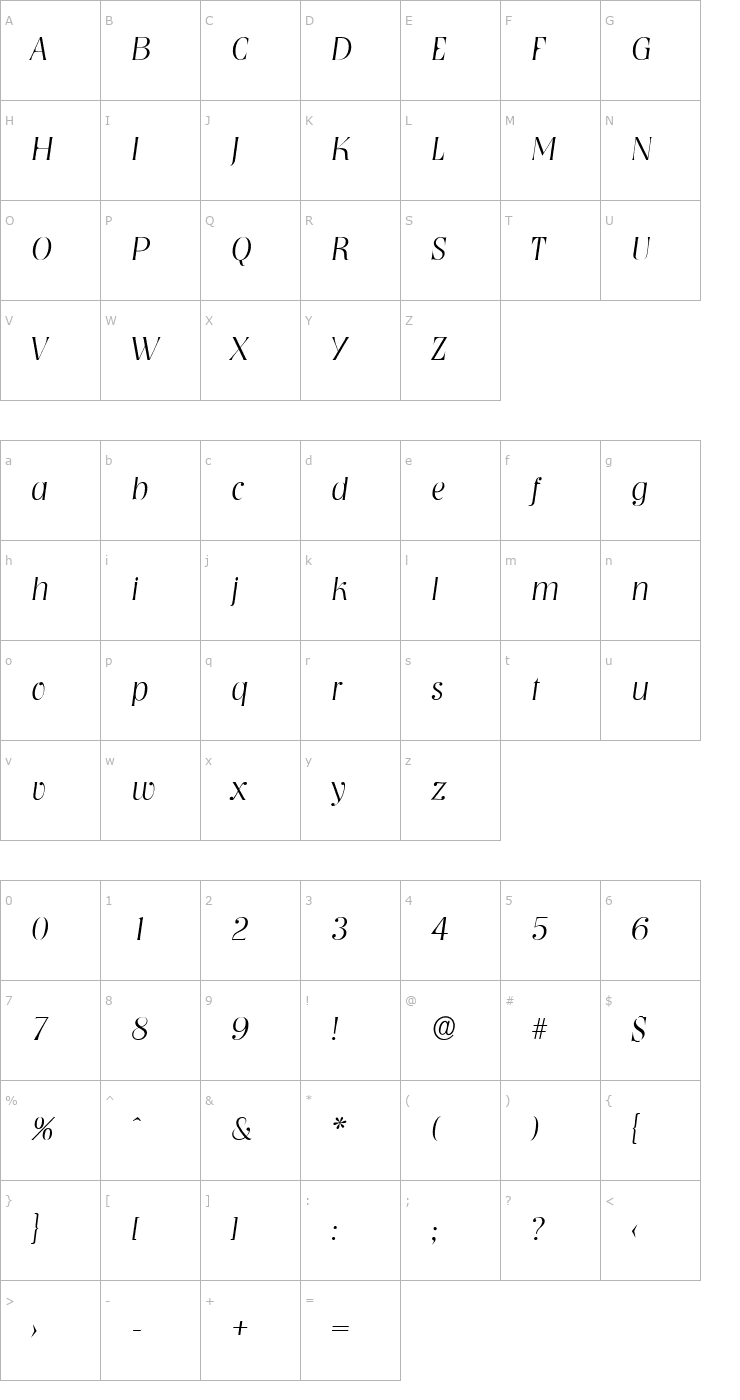 Character Map BobBecker-ExtraLight Italic Font