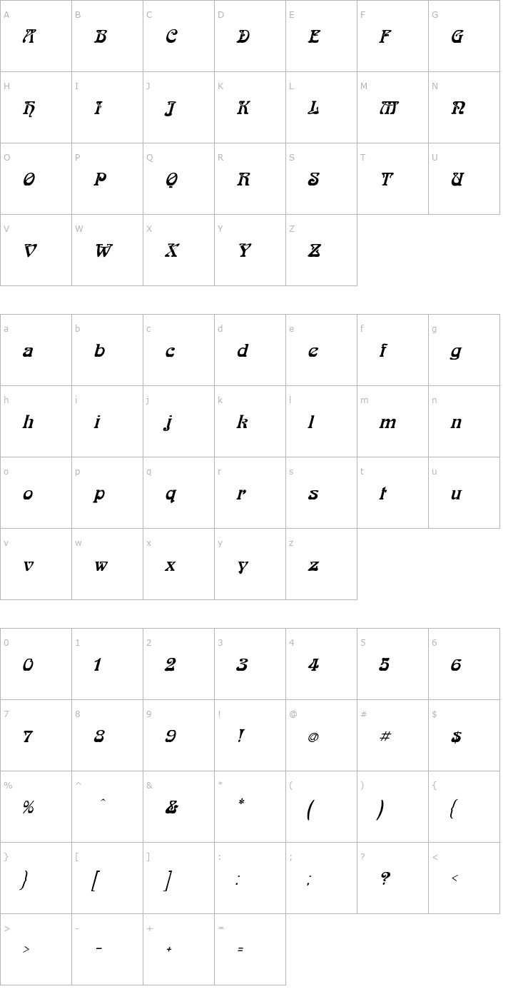 Character Map Bockloo Italic Font