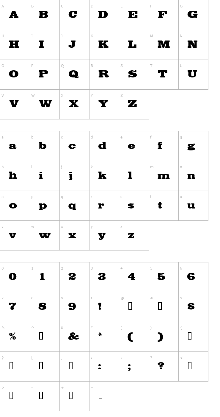 Character Map BodegaDisplaySSK Font