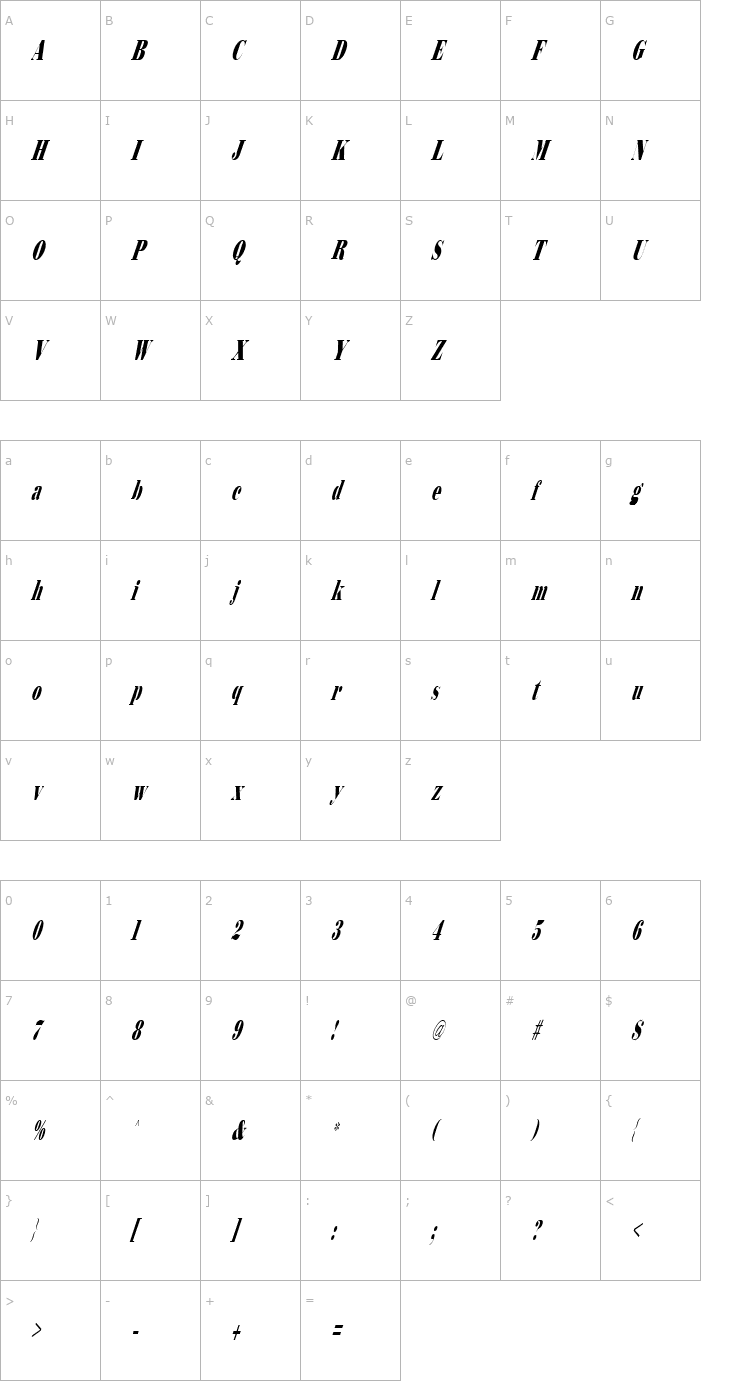 Character Map Bodidly Italic Font