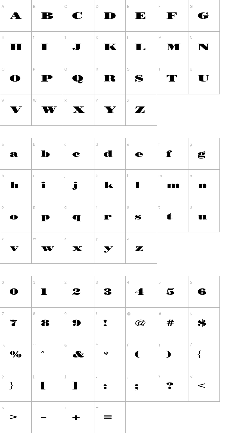 Character Map BODIDLYbold Extended Font