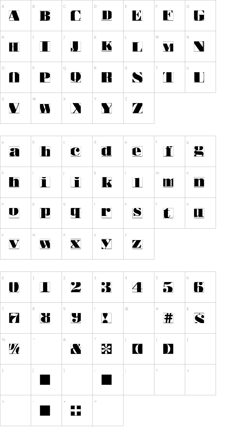 Character Map BodoblackSquaresInvers Font