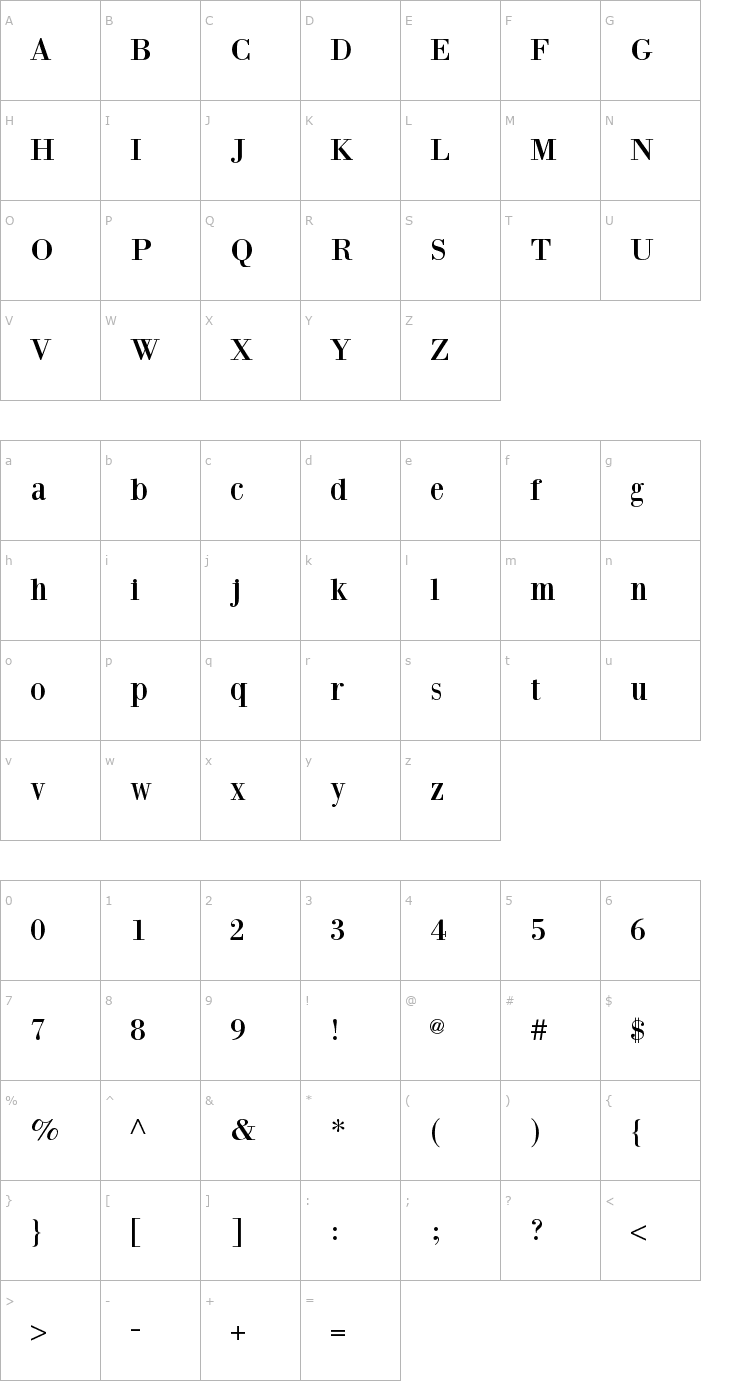 Character Map Bodoni XT Font