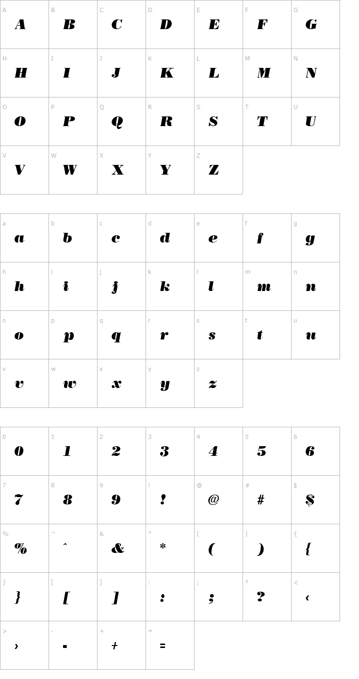 Character Map Bodonoff Ultra Italic Font