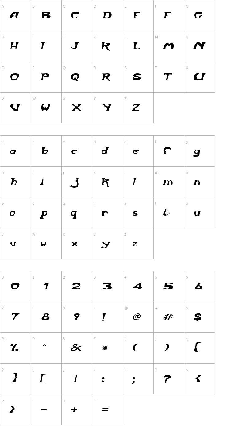 Character Map BodyShopExtended Oblique Font