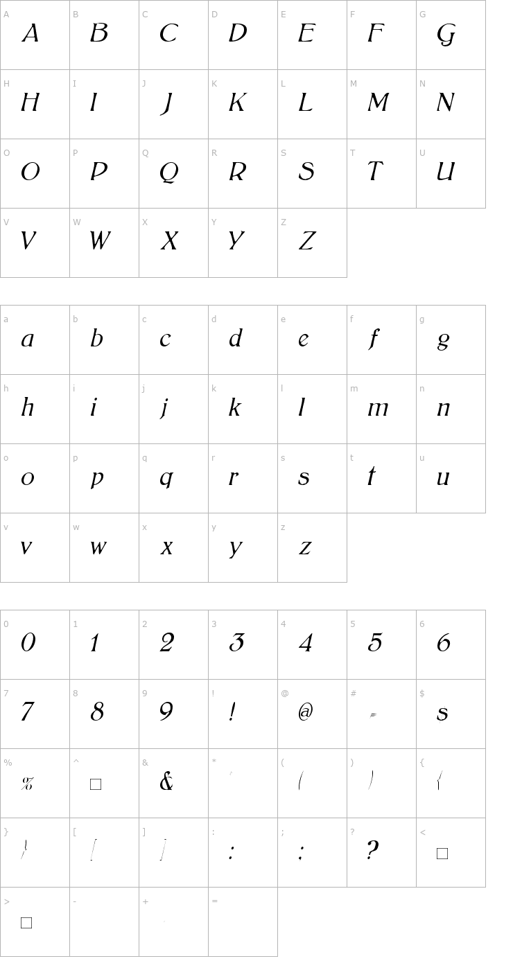 Character Map BoltonLightItalic Font